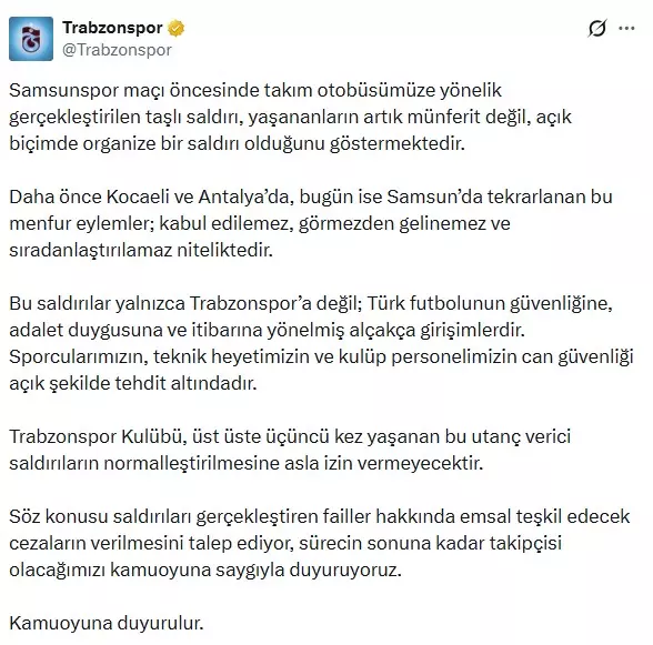 Samsun'da Trabzonspor takım otobüsüne taşlı saldırı: Sporcularımızın can güvenliği tehdit altında
