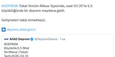 Tokat'ta 5.5 büyüklüğünde deprem