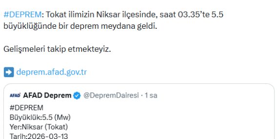 Tokat'ta 5.5 büyüklüğünde deprem