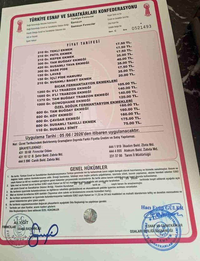 Samsun'da Ekmek Fiyatı 17,5 TL Oldu