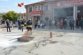 Samsun Havza'da 112 sağlık ekipleri yangın tüpü kullanımını uygulamalı öğrendi