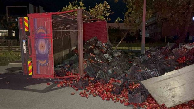 Samsun Tekkeköy'de kamyon devrildi, 10 ton biber yola saçıldı ve 2 kişi yaralandı
